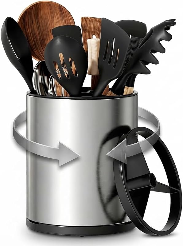 360° Rotating Stainless Steel Utensil Holder for Kitchen Countertop Large Capacity Cutlery Organizer Caddy for Spoons, Forks, Knives Durable Metal Flatware Storage Rack