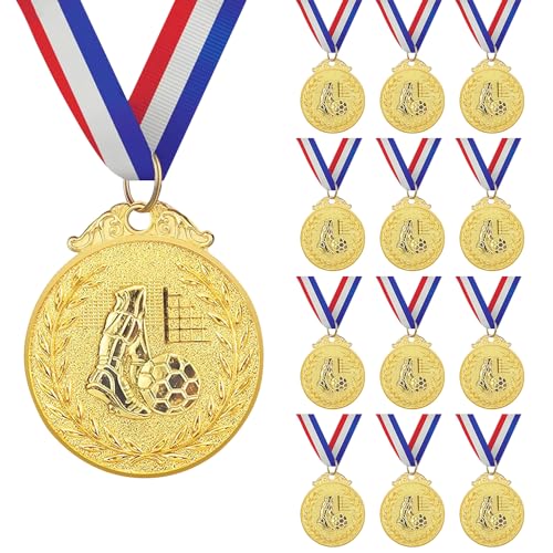 12 Piezas Medallas Futbol Niños, Medallas Premios Personalizadas, Medallas Deportivas con Cintas Cuello, Medallas Ganador Oro, Cumpleaños Fiesta Deporte Actividad Infantil Adultos Hinchas Regalo