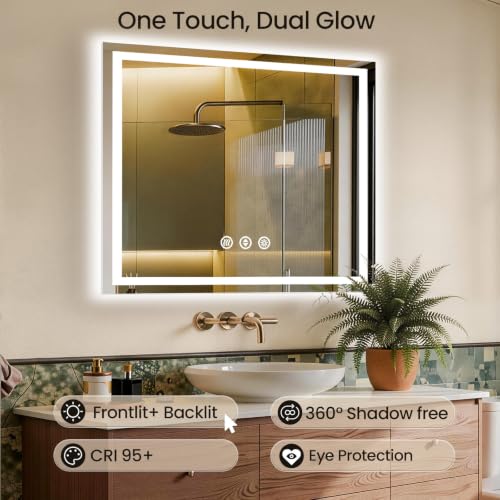 Image of 48x48 LED Bathroom Mirror with Anti-Fog, Backlit & Front Lit, Memory | Stepless Dimmable 3 Color CRI 95+ Shatterproof Tempered Glass ETL Listed for Safety Lighted Bathroom Vanity Mirror for Wall