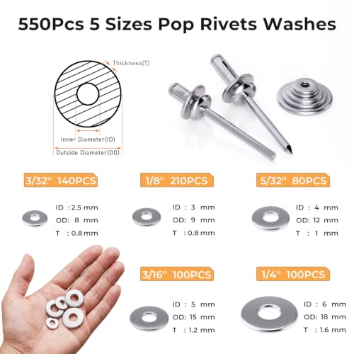 Image of INCLY Pop Rivets & Trifold Rivets Assortment Kit with Washers, 1200PCS | 14 Sizes Aluminum Rivets, 3 /32 inch, 1 /8 inch, 5 /32 inch, 3 /16 inch, 1 /4 inch, and 3 /16'' x 5 /8 inch Tri-Fold Rivets for Metal, Automotive, Kayak