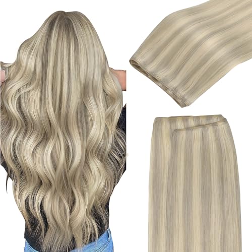 Image of GOO GOO Sew in Hair Extensions Real Human Hair, Weft Hair Extensions for Women, Straight Silky Double Weft Bundles, 17A /60A Ash Blonde Highlighted Platinum Blonde 14 Inch 80g