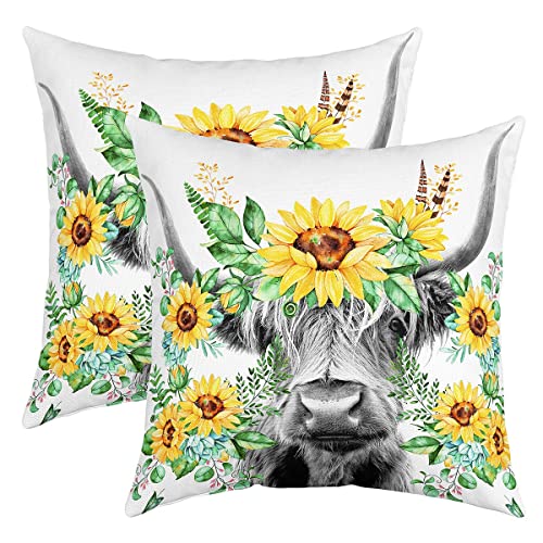 Set of 2 Highland Cow Throw Pillow Covers Highland Cattle Sunflower Cushion Case for Home Living Room Decor Reversible Animal Botanical Yellow Floral Decorative Throw Cushion Case 22x22 Inch
