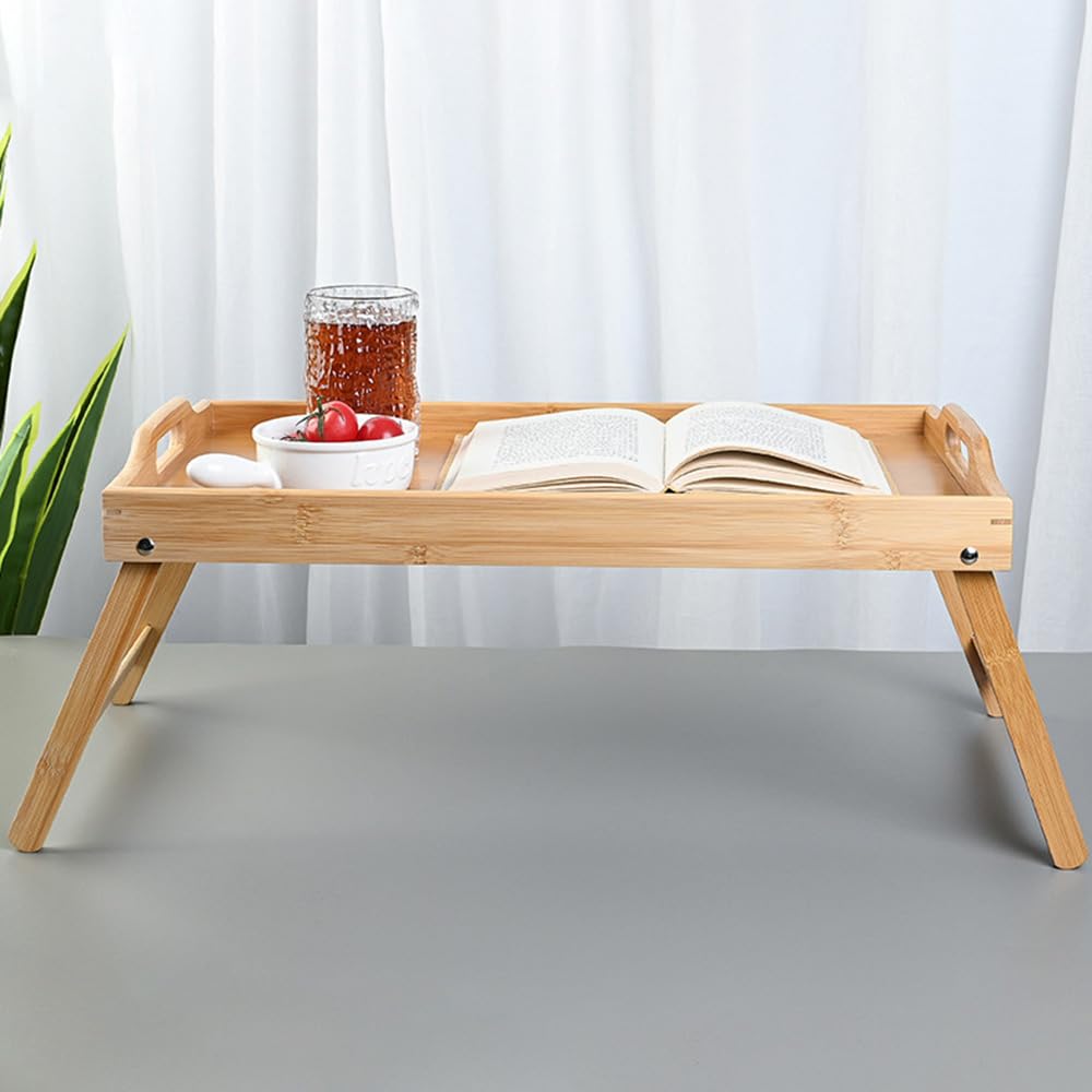 Yimisya Bamboo Folding Bed Table Tray with Folding Legs and Handles, Breakfast in Bed Tray, Foldable Snack Tray, Portable Lap Table for Laptop, Drawing, Working, Eating, Serving