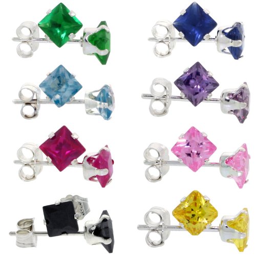Sterling Silver 4mm Princess Cut CZ Stud Earrings Assorted Birthstone Colors