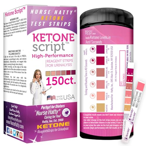 Nurse Hatty 150 - The ORIGINAL - PERFORMANCE-TESTED - USA-made Ketone Test Strip w Built-in Color Chart – Free Keto eBook & App - Urine Test for Ketogenic, Ketosis, Low Carb, Atkins & Paleo Diets – XL
