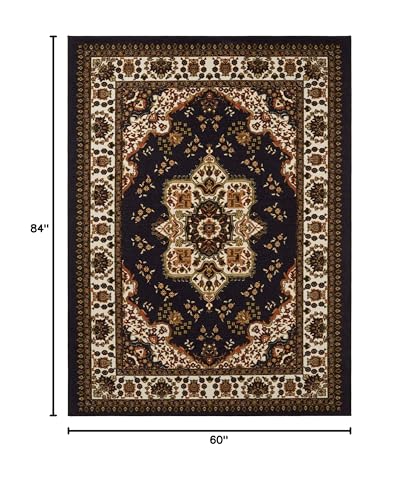Antep Rugs Alfombras Oriental Traditional 5x7 Non-Skid (Non-Slip) Low Profile Pile Rubber Backing Indoor Area Rugs (Black, 5' x 7')