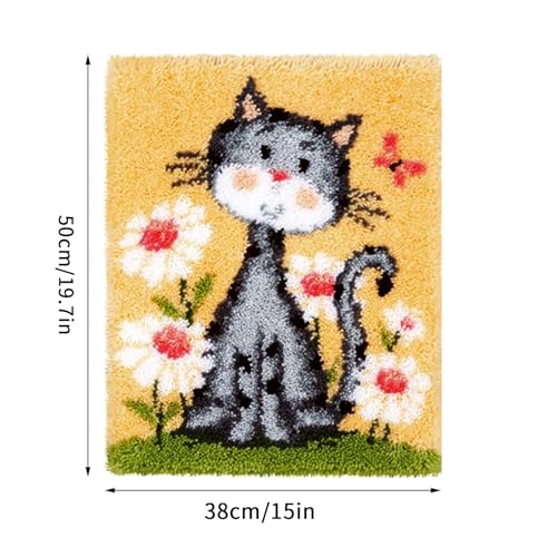Image of kingsea Latch Hook Kit for Adults, DIY Crochet Yarn Rug with Pattern Printed Latch Hook Rug Kit for Teen, Latch Hook Kit for Beginners - Cat and Flower, 20in x 15in