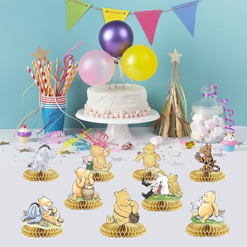 Image of 9 PCS Classic Winnie Bear Honeycomb Centerpieces - Baby Shower & Birthday Party Table Decorations Supplies
