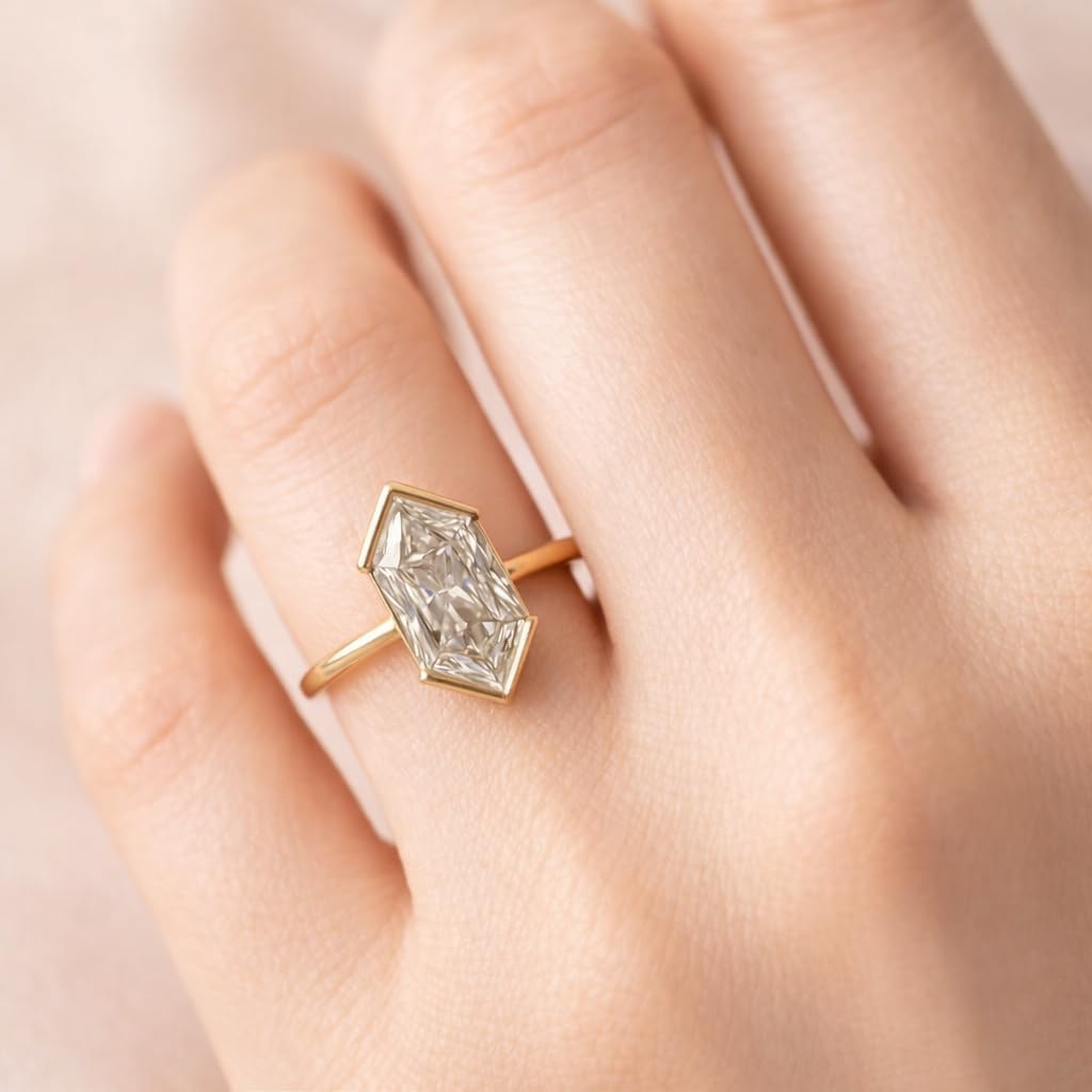 Hexagon Cut Moissanite Solitaire Engagement Ring For Woman Solid Yellow Gold Half Bezel Setting Minimalist Handmade Promise Wedding Jewelry Gift for Her