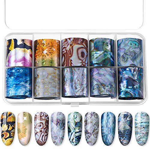 10 Sheets Fashion Art Nail Foil Transfer Stickers, Nail Decals Transfer Foil Box, DIY Decoration for Women and Kids, 10 Colors (Geometric Patterns)