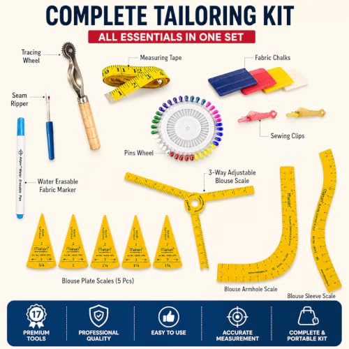 Image of 8-Piece Tailoring Scale Set with Tailoring Accessories Kit | Premium Blouse Cutting Scale, Armhole & Sleeve Rulers | with 8 Tailoring Accessories