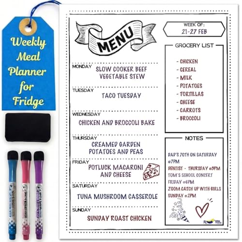 Magnetic Weekly Meal Planner for Fridge – 16” x 12” Dry Erase Menu Board with Grocery List & Notes – Stain-Resistant Whiteboard for Family Meal Planning Includes 3 Magnetic Markers & Eraser