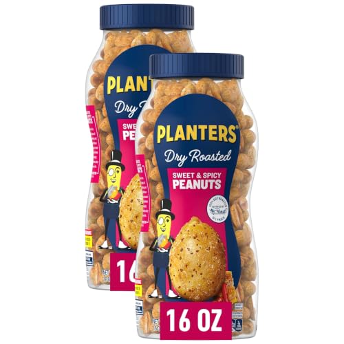 PLANTERS Sweet and Spicy Peanuts, Plant-Based Protein, Sweet &amp; Spicy Party Snacks, Peanut Snack, 16 Oz Jar (Pack of 2)