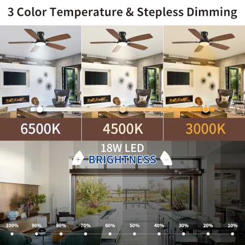 NKPU Ceiling Fans with Lights, Low Profile Ceiling Fan with Light and Remote/APP Control, DC Motor, Noiseless, Flush Mount, 52inch Brown Ceiling Fan for Bedroom Indoor/Outdoor Use - Image 4