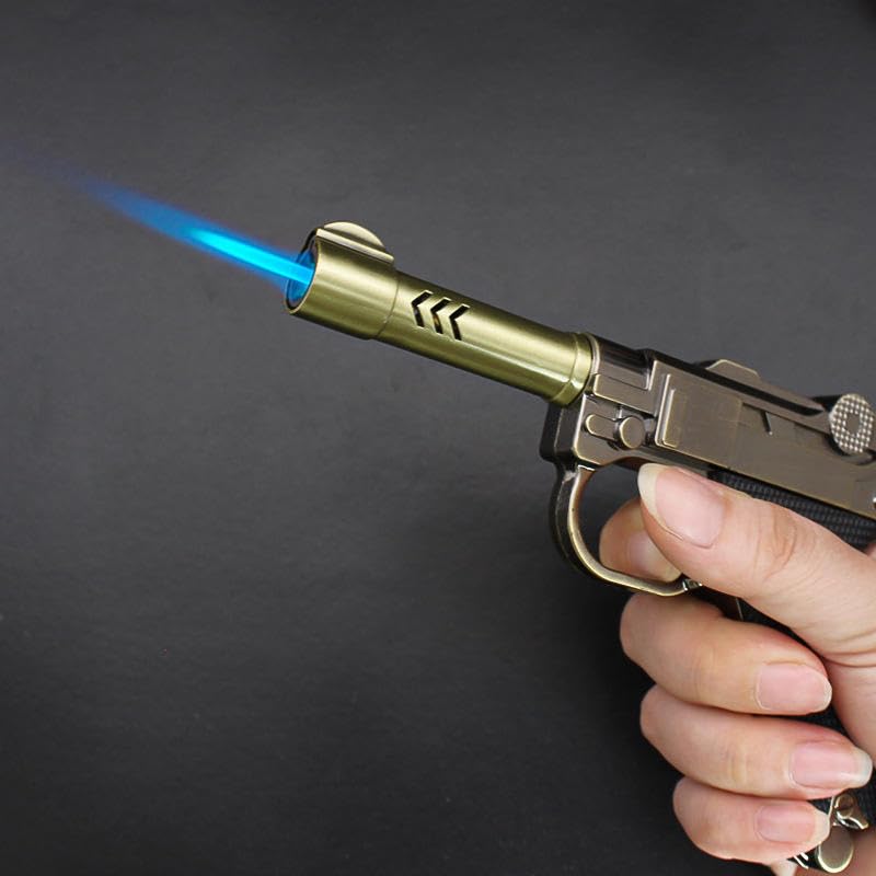 Image of Antique Pistol Shaped Gun Lighter, Metalic Finish with Black Grip, Windproof Blue Jet Flame Torch Lighter, Refillable and Adjustable Flame Gas Lighter (Random Color - Brown /Green /Silver)