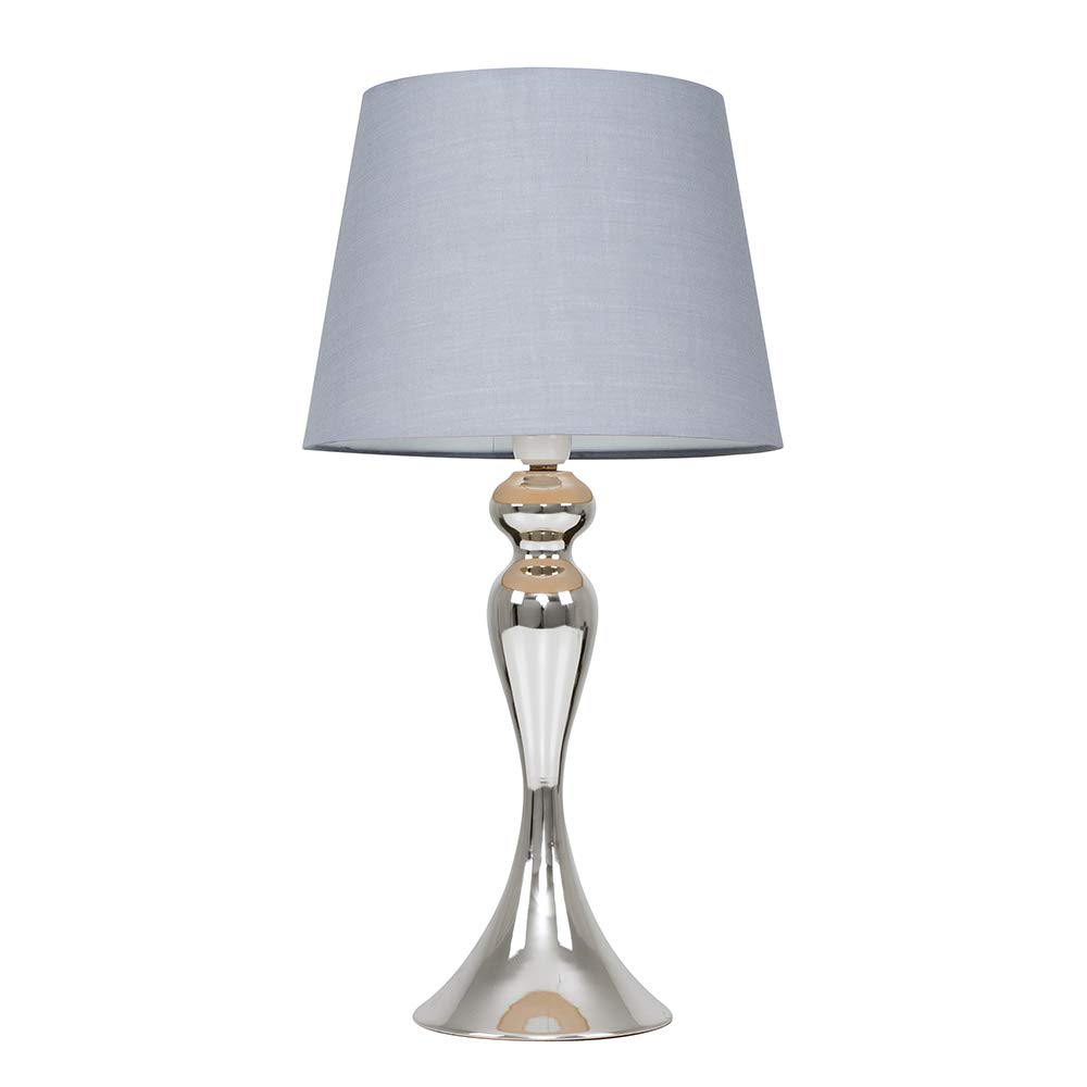 Modern Polished Chrome Spindle Design Table Lamp with a Grey Tapered Shade - Complete with a 6w LED GLS Bulb [3000K Warm White]