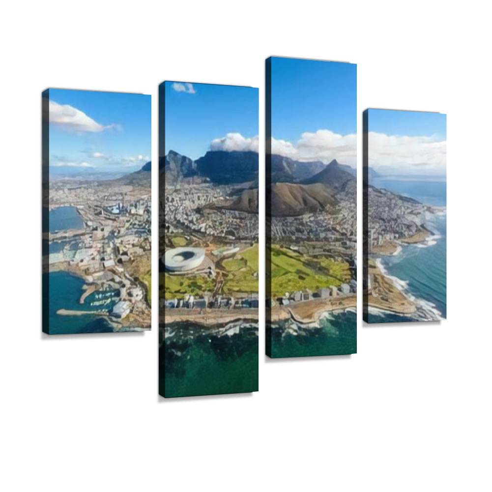 Canvas Print Artwork Aerial view of Cape Town South Africa on a sunny afternoon Photo Wall Art Pictures Framed Digital Print Abstract Painting Room Home Office Decor Ready to Hang - 4 Panel