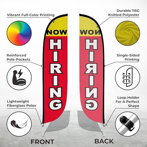 Image of LookOurWay Feather Flag Set, 12 ft Advertising Flag with Poles and Ground Spike for Business Promotion, Now Hiring (10M1200298GSet)