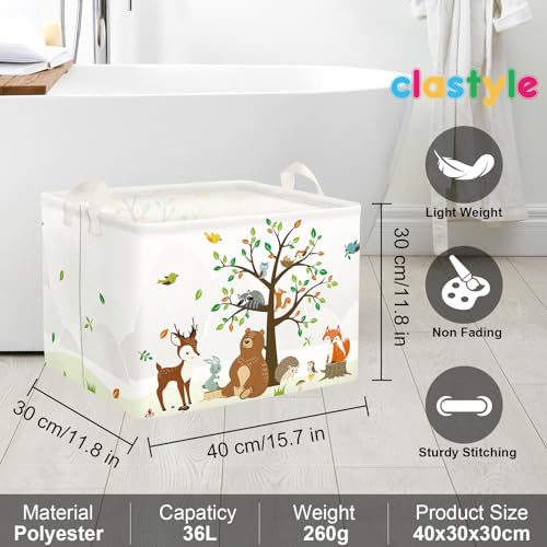 Image of Clastyle Woodland Nursery Animal Tree Baby Gift Storage Basket for Kid Room | Bear Fox Raccoon Deer Owl, Large Collapsible Rectangular Shelf Basket Clothes Towel Toy Book Storage Bin for Bathroom