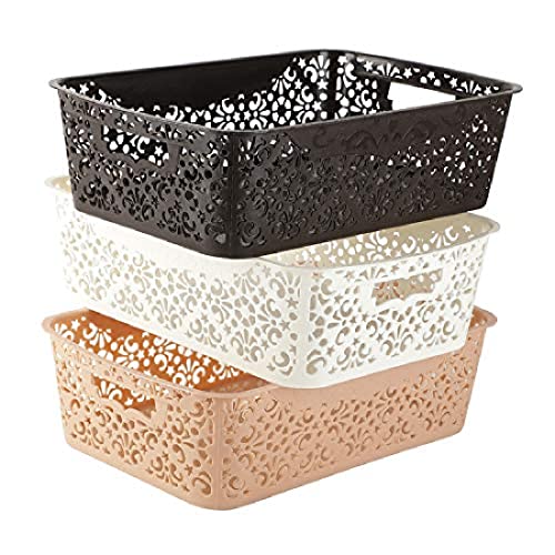 Image of Cutting Edge Essentials Medium Rectangular Plastic Storage Basket Set of 3, Multipurpose Shelf Organizer for Kitchen, Bathroom, Pantry, Cabinet & Wardrobe, Multicolor