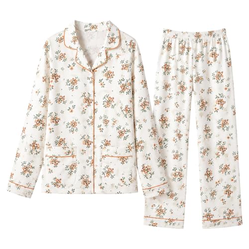 KSADZAIE Women's Cotton Pajama Set Japanese Floral Button Down Top - image 4