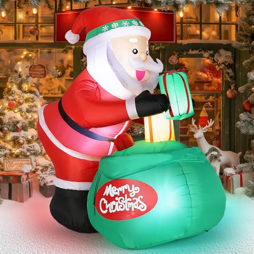 Christmas Inflatables Decorations Outdoor, 6FT Inflatable Xmax Santa Claus with Big Gift, Blow Up Santa with Built-in LED Lights Yard Decor for Holiday Winter Garden Lawn Party