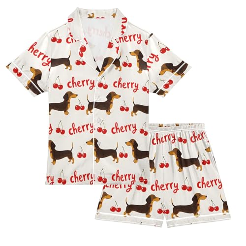 Dachshund Cherry Pattern Summer Satin Pajama Set, Cute Button-Down Sleepwear Pj Set for Sleep Wears