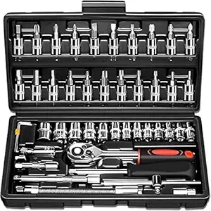 KRIAVAXA Tool Kit 46-Pieces 1/4 inch Screwdriver Socket Wrench Set with Bit Metric and Extension Bar for Automotive Repairing, Car Repair Tool Ratchet Torque Wrench Combo Mechanic Hand Tools Kit