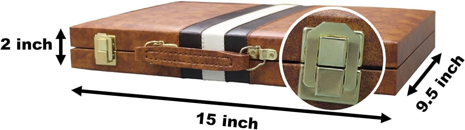 Backgammon, classico gioco da tavolo per adulti, set portatile con custodia in pelle di alta qualità, per viaggi e famiglia, 15 pollici, marrone, 2 giocatori, dai 14 anni in su