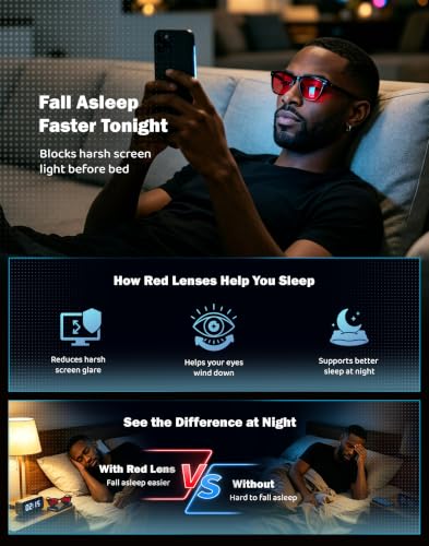 Image of TIJN Sleep Glasses with Blue Green Light Blocking, Red Light Lens for Computer Gaming, Screen Fatigue & UV Protection