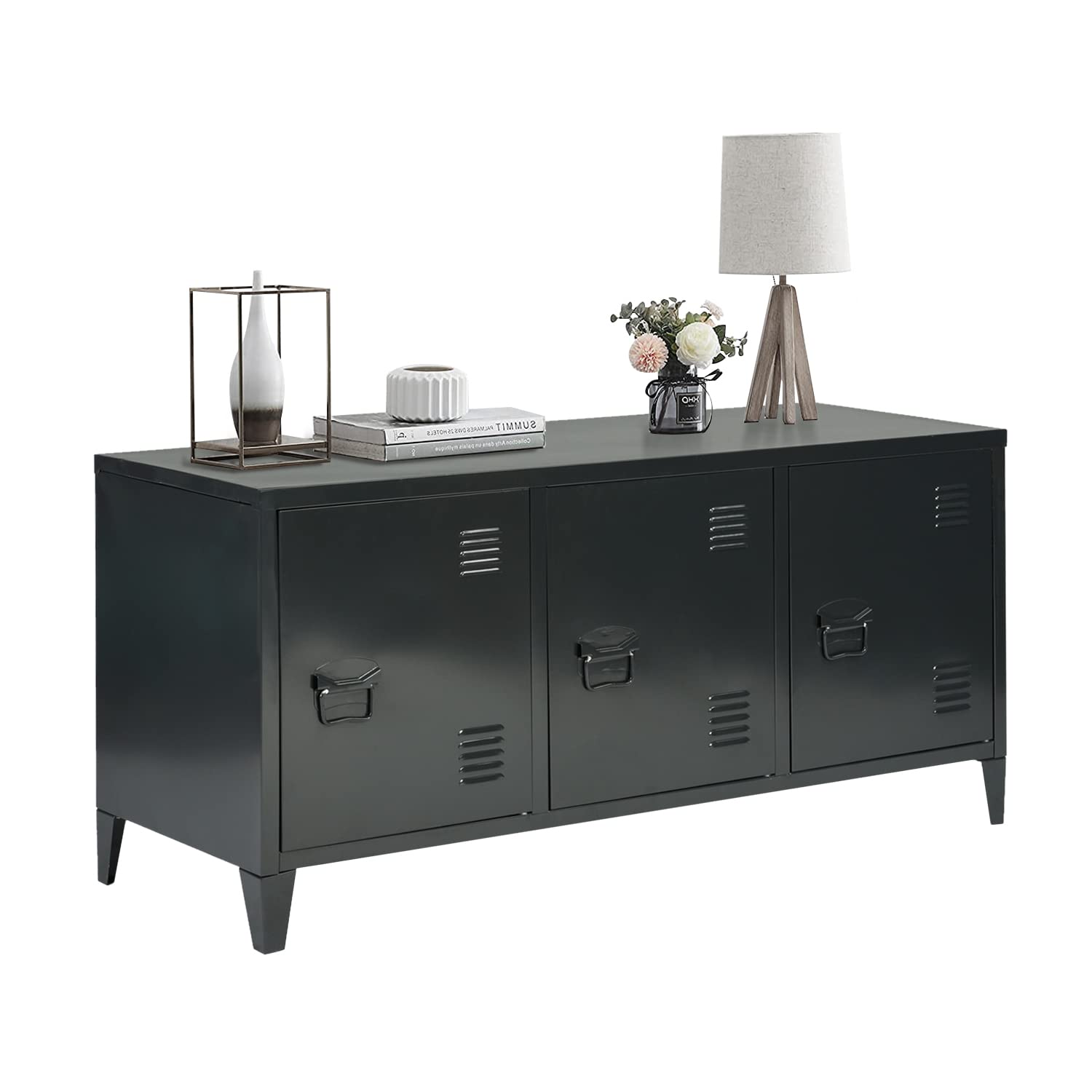 MEUBLE COSY Metal Storage Sideboard TV Stand Cupboard Locker Living Room Bedroom Cabinet 3 Door, Black, 120 x 40 x 58cm, MATAPOURI BLACK LT