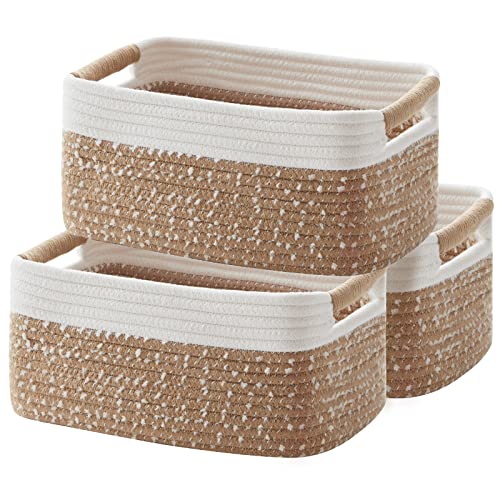 Image of OIAHOMY Cotton Rope Storage Baskets | Decorative Basket for Closet Storage, Home Organizing Bins and Nursery Decor | Woven Baskets for Storage Shelf, Yellow and White