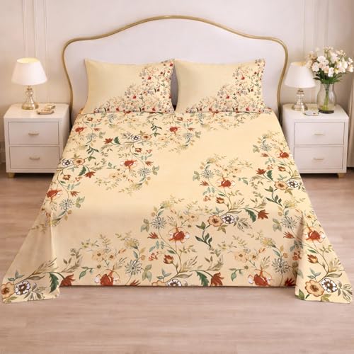 Image of Cloth Fusion Glace Cotton Flat Bedsheet for Double Bed with 2 Pillow Covers (90x100 Inches, Floral Heaven)