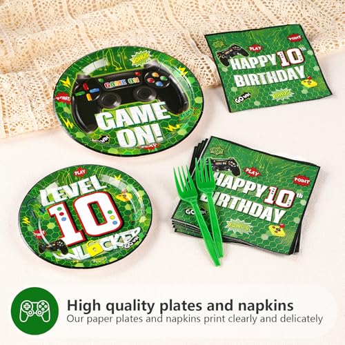 Image of Grencian 96Pcs Green Video Game 10th Birthday Party Supplies, Serves 24 | Video Game Paper Plates and Napkins Video Game Birthday Tableware Set for Kids Boys 10th Birthday Gamer Gaming Party Supplies