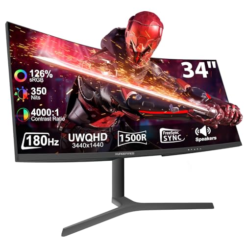 Image of 34 Inch Curved Monitor 180Hz, UWQHD 3440x1440p Ultrawide Gaming Monitor 1500R with Speaker, PIP /PBP, 4000:1 Contrast, sRGB126%, HDR, FreeSync & G-SYNC, 1ms(MPRT), HDMI /DP Port, Adjustable Stand, VESA