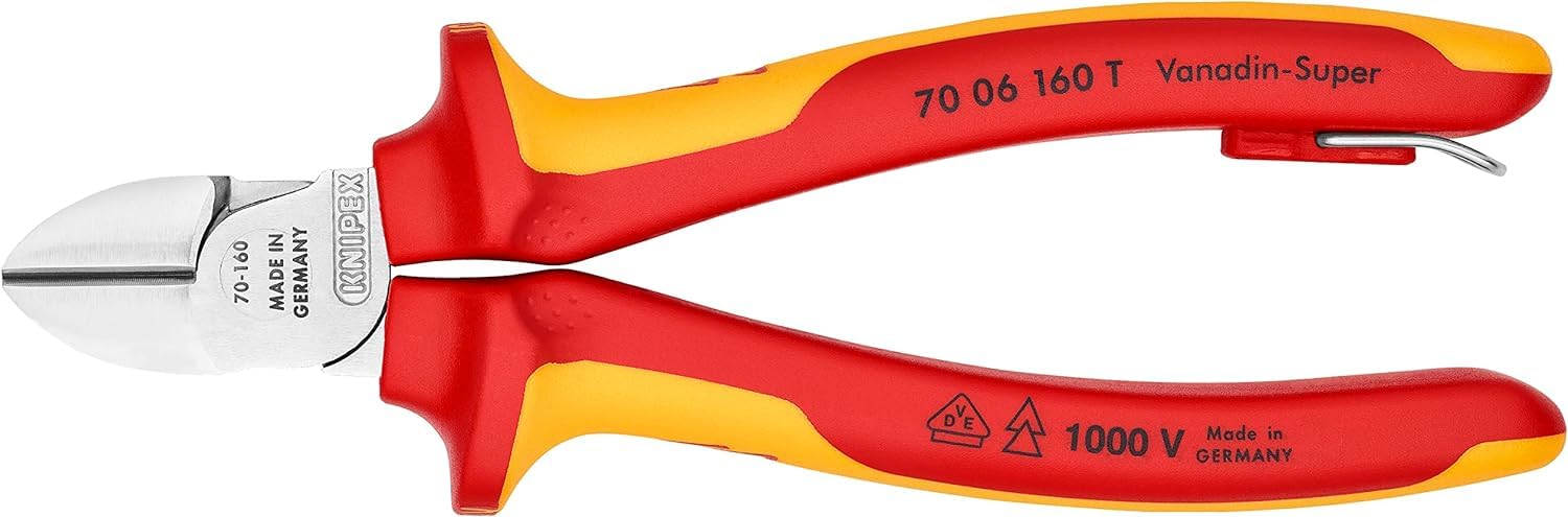 KNIPEX Tronchese laterale in blister cromata isolante con, 70 06 160 T BK | manici rivestiti in materiali bicomponente, collaudati VDE; con anello di