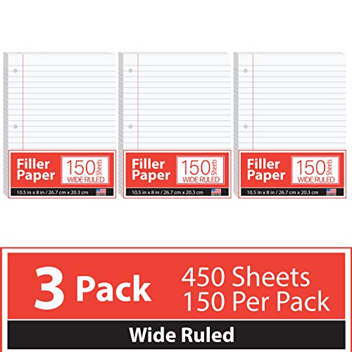 Wide Ruled Notebook Paper, Loose Leaf Paper, 10.5” x 8”, 65 gsm