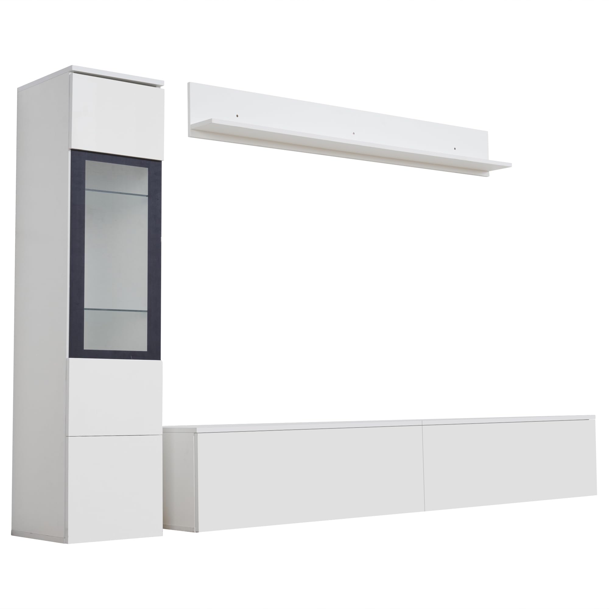 Juego de 3 muebles de salón para TV, iluminación LED, color blanco brillante, 1 mueble de salón frontal, 1 armario para TV, 1 vitrina de salón, 1 estante colgante (blanco + tablero de