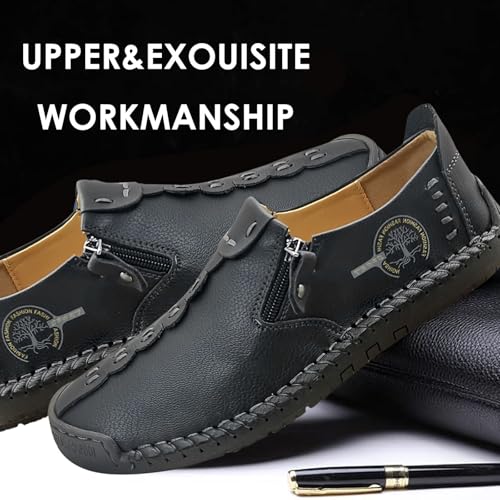 Men's Vintage Breathable Leather Loafers – Flat Slip-On Driving Shoes with Zipper, Casual Comfort （Size 7-13.5）2