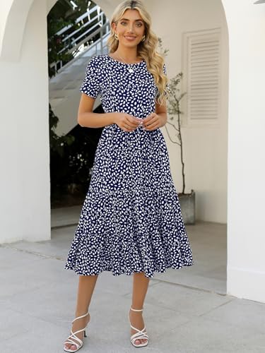 Image of Lyrur Women's Dresses Casual Summer Tiered Midi Dress Short Sleeve Belted Ruffle Babydoll Boho Sundress with Pockets