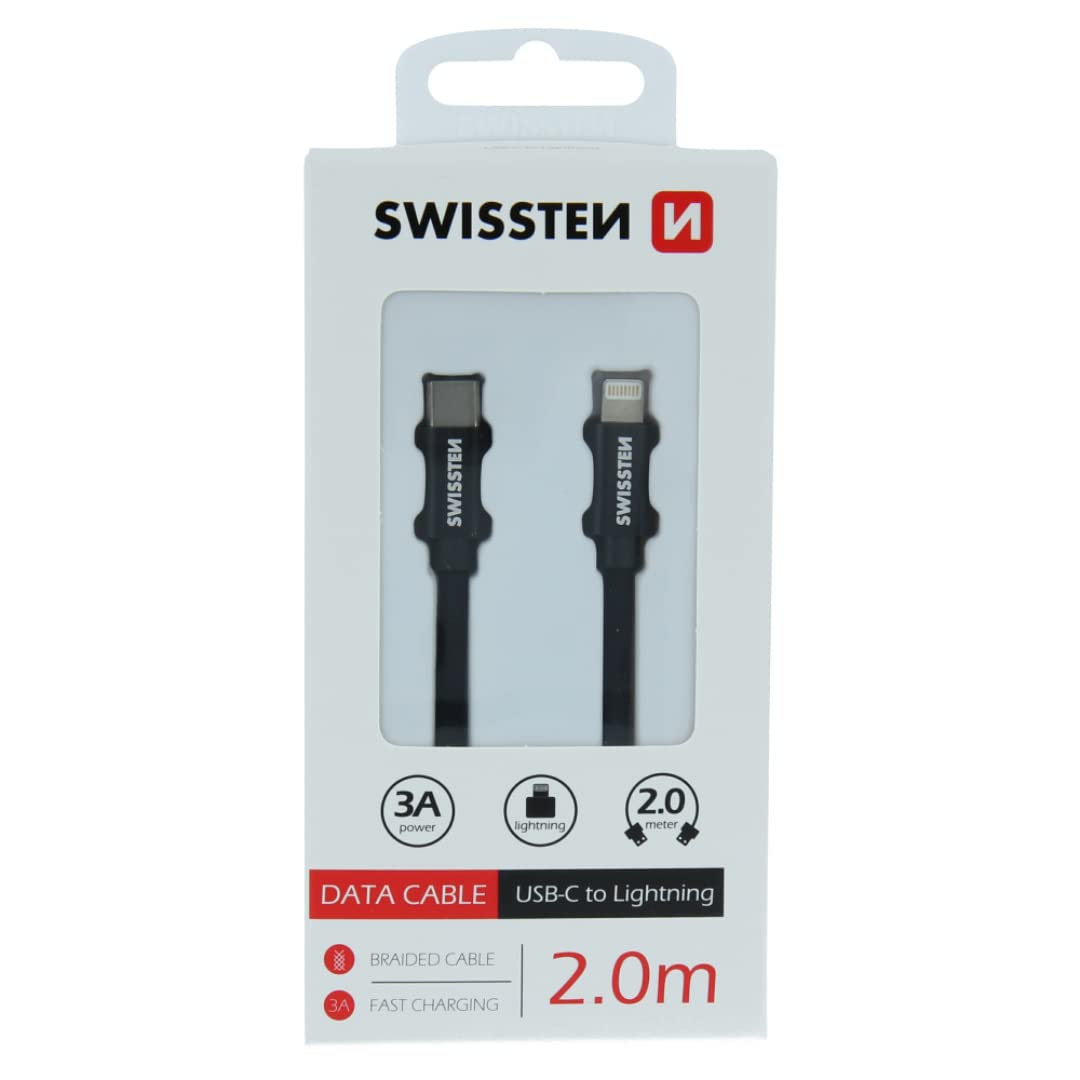 Swissten Cavo di ricarica per iPhone 2 m [certificato MFi] da USB C a Lightning Ricarica rapida tessile intrecciato Ricarica PD rapida per iPhone 14/14 Pro/14 Plus/14 Pro Max, iPad Pro, iPhone 8-13