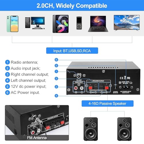 Woopker AK45 PRO Amplificador Audio, 2.0CH Bluetooth 5.0 50Wx2 Salida HiFi Amplificador de Potencia de Audio, Receptor estéreo Amplificador Audio para Cine en Casa, Coche Altavoz W/2 Mic/USB/Radio FM - imagen 5