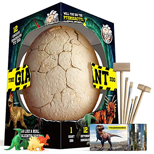 XXTOYS Dino Egg Dig Kit Dinosaur Eggs Jumbo Dino Egg with 12 Different Dinosaur Toys Dino Egg Kit for 5 Kids with 6 Digging Tools Party Archaeology Paleontology Educational Science Gift for Age 3-5