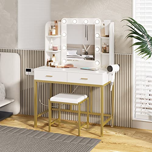 Vabches Vanity Desk with Mirror and Lights, with Charging Station,Makeup Vanity Table Set with Lighted Mirror, with 3 Lighting Modes and 2 Drawers&Cushioned Stool for Bedroom - Thumbnail 2