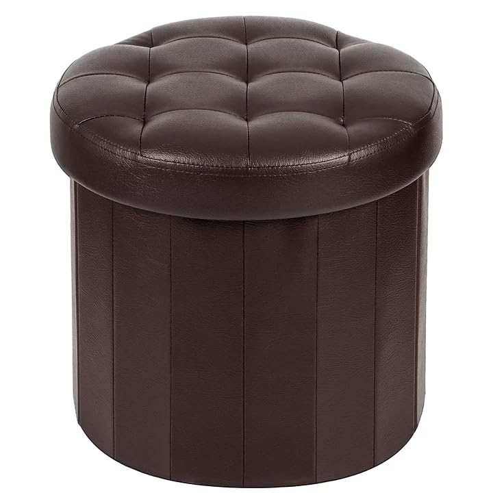 Bsketa® Folding Storage Ottoman Round 14" x 14" x 13"Inch, Foot Stool with Thicker Foam Padded Seat Small Leather Storage Ottoman Bench Foot Rest for Living Room Foldable Coffee Table,Brown