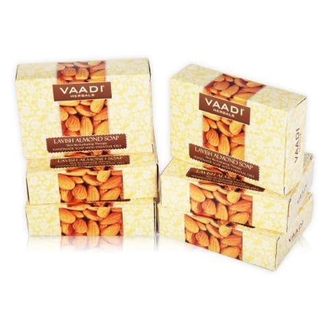 Almond Soap (Almond Oil Bar Soap) with Honey and Aloe Vera Extracts - Handmade Herbal Soap (Aromatherapy) with 100% Pure Essential Oils - ALL Natural - Best Natural Skin Moisturizer - Each 2.65 Ounces - Pack of 6 (16 Ounces) - Vaadi Herbals (Almond Oil Soap) Cover