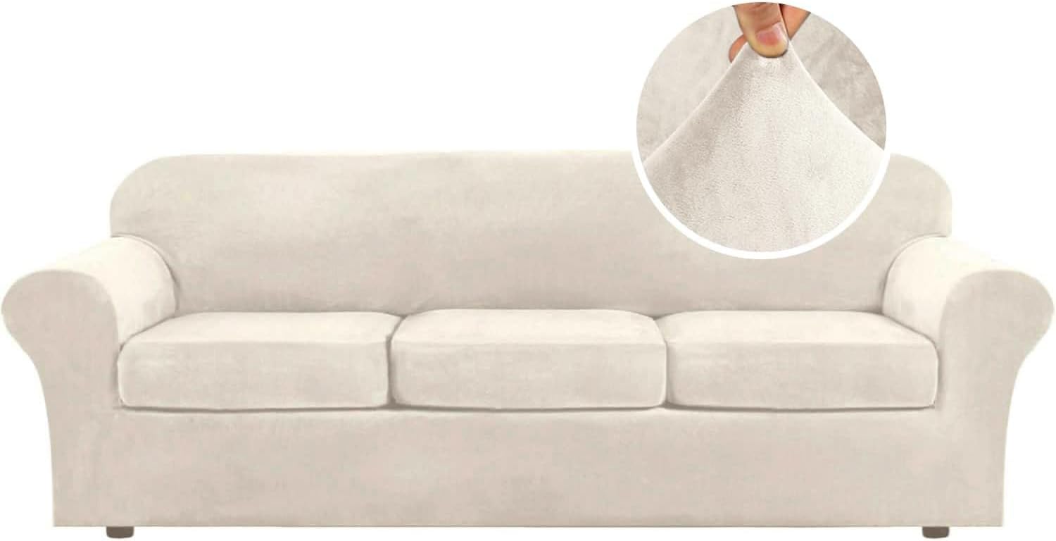 H.VERSAILTEX High Stretch Sofa Slipcover 4 Piece Cover Velvet Furniture Protector Form Fit Thick Velvet Extra Large Sofa Cover for 3 Cushion Couch Width Up to 97 Inch (Large Sofa, Ivory) 3 Cushion Large Sofa Ivory
