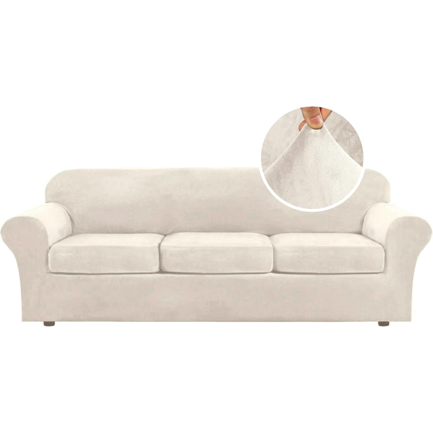 H.VERSAILTEX High Stretch Sofa Slipcover 4 Piece Cover Velvet Furniture Protector Form Fit Thick Velvet Extra Large Sofa Cover for 3 Cushion Couch Width Up to 97 Inch (Large Sofa, Ivory)