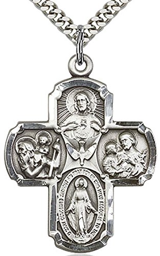 Heartland Store Men's Sterling Silver Squared Edge 4 Way Cross Pendant + 24 Inch Endless Rhodium Plated Chain