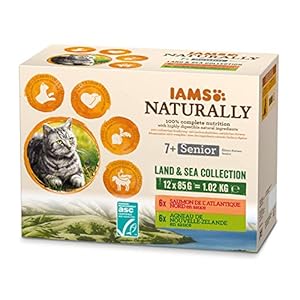 IAMS Naturally Nourriture Humide pour Chat Senior 12 sachets fraicheurs pour 2 Pâtées Terre/Mer en sauce – SANS SUCRE AJOUTE, OGM, protéines végétales, colorant, arôme artificiel – 12 x 85g